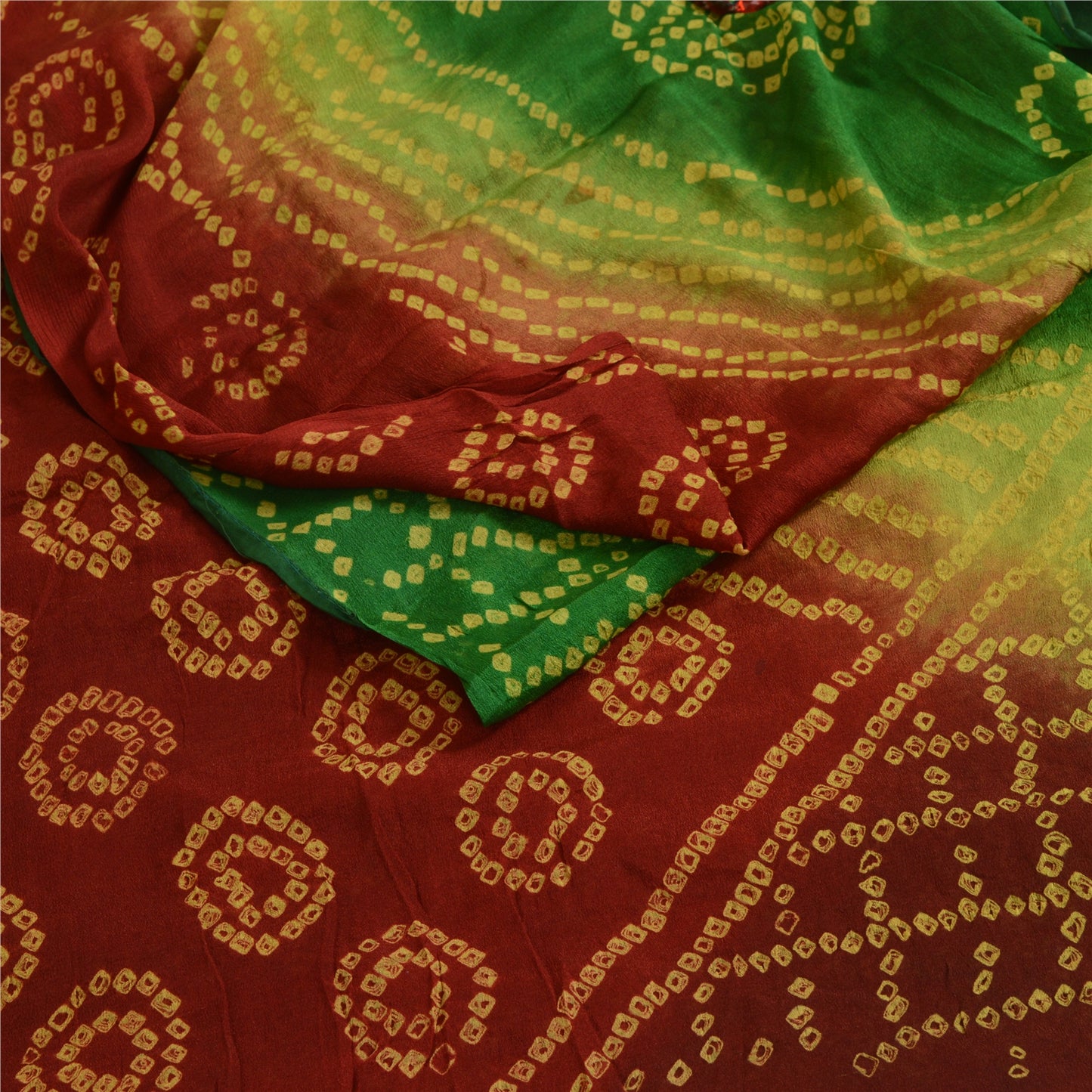 Sanskriti Vintage Sarees RedGreen Bandhani Print Pure Georgette Silk Sari Sustainable Fabric