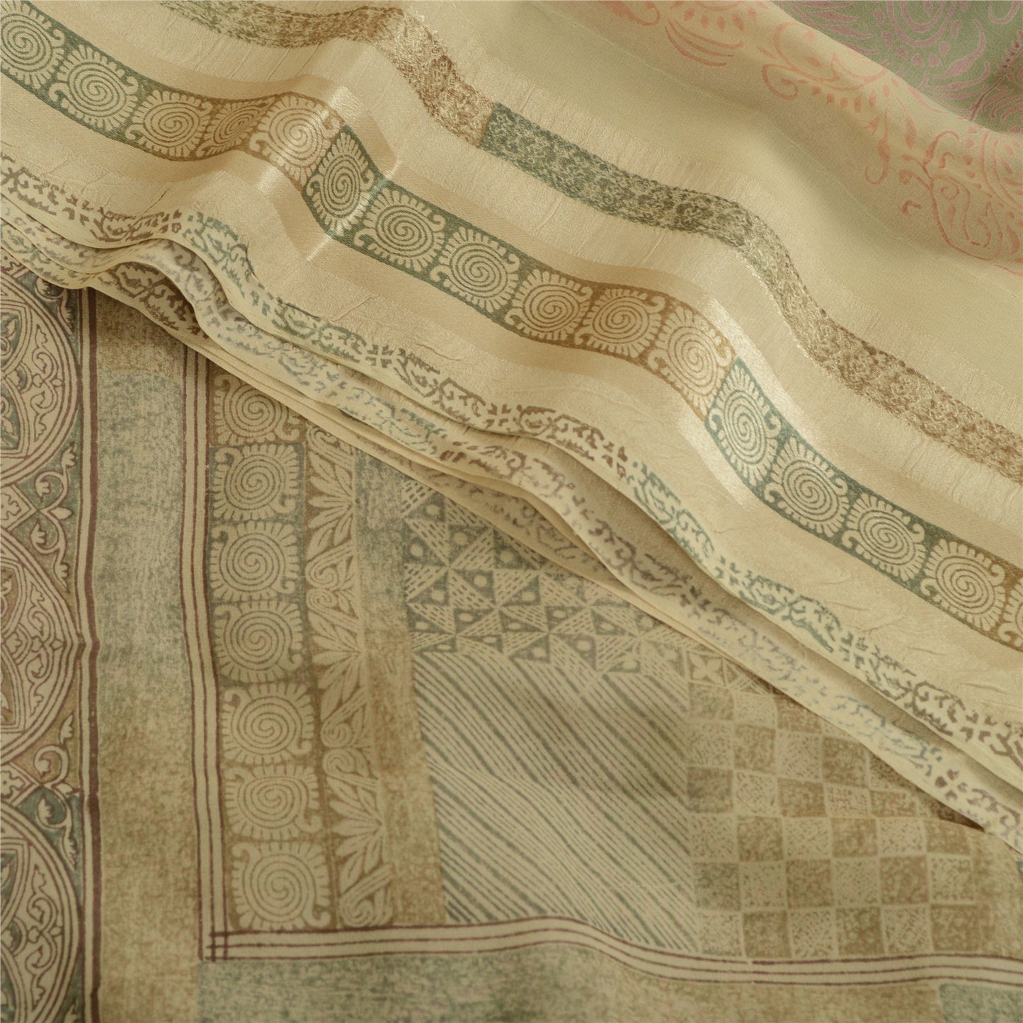 Sanskriti Vintage Sari 100% Pure Georgette Ivory/Grey Printed 5 Yd Saree Craft Fabric Home Decor, Women Floral Outfit, Silk Scrap