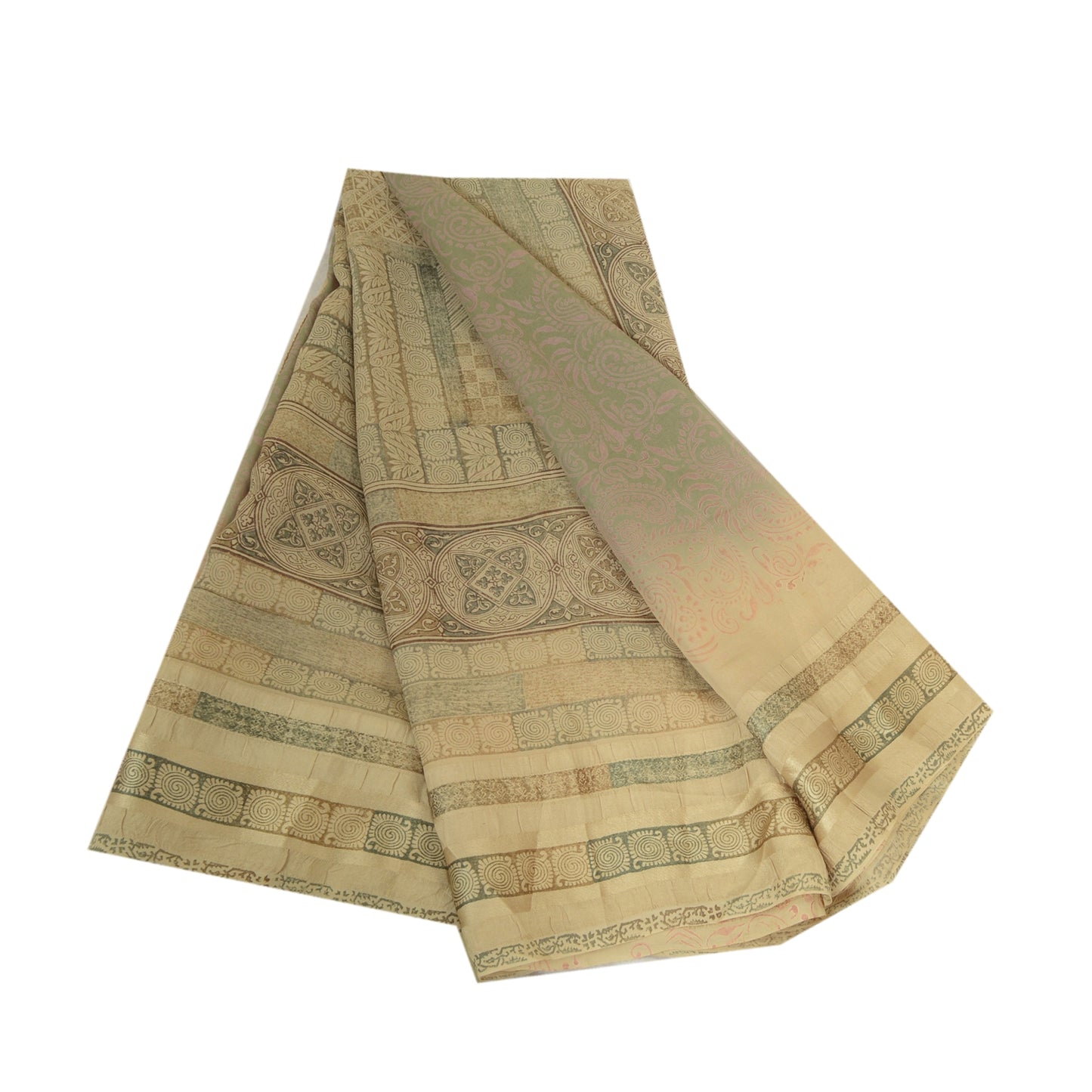 Sanskriti Vintage Sari 100% Pure Georgette Ivory/Grey Printed 5 Yd Saree Craft Fabric Home Decor, Women Floral Outfit, Silk Scrap