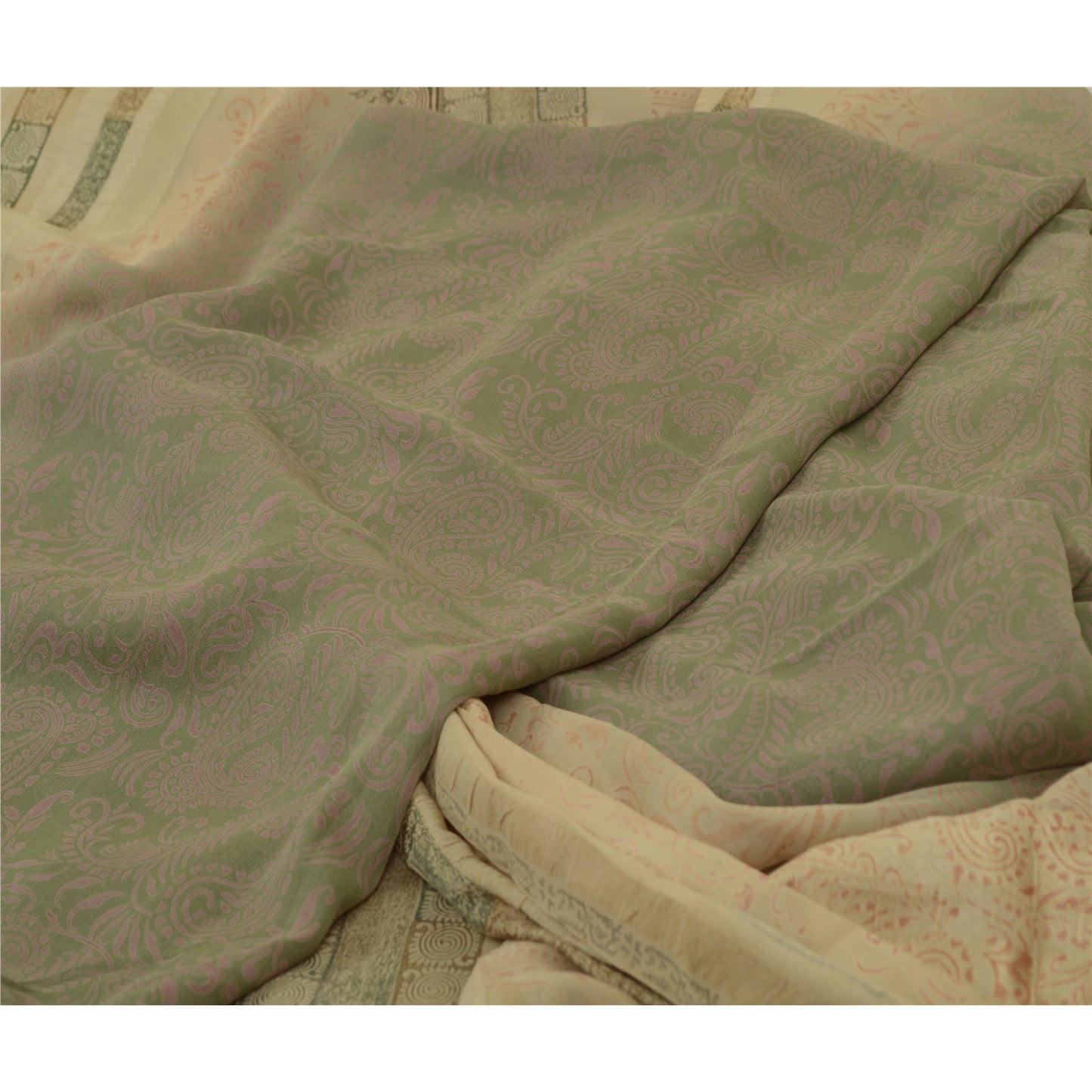 Sanskriti Vintage Sari 100% Pure Georgette Ivory/Grey Printed 5 Yd Saree Craft Fabric Home Decor, Women Floral Outfit, Silk Scrap