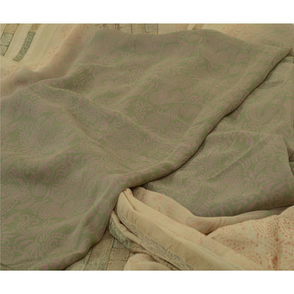 Sanskriti Vintage Sari 100% Pure Georgette Ivory/Grey Printed 5 Yd Saree Craft Fabric Home Decor, Women Floral Outfit, Silk Scrap