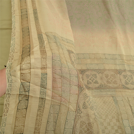 Sanskriti Vintage Elfenben/Grå Sarier Ren Georgette Trykt Sari Håndværksmæssigt Bæredygtigt Stoff