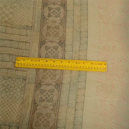 Sanskriti Vintage Sari 100% Pure Georgette Ivory/Grey Printed 5 Yd Saree Craft Fabric Home Decor, Women Floral Outfit, Silk Scrap
