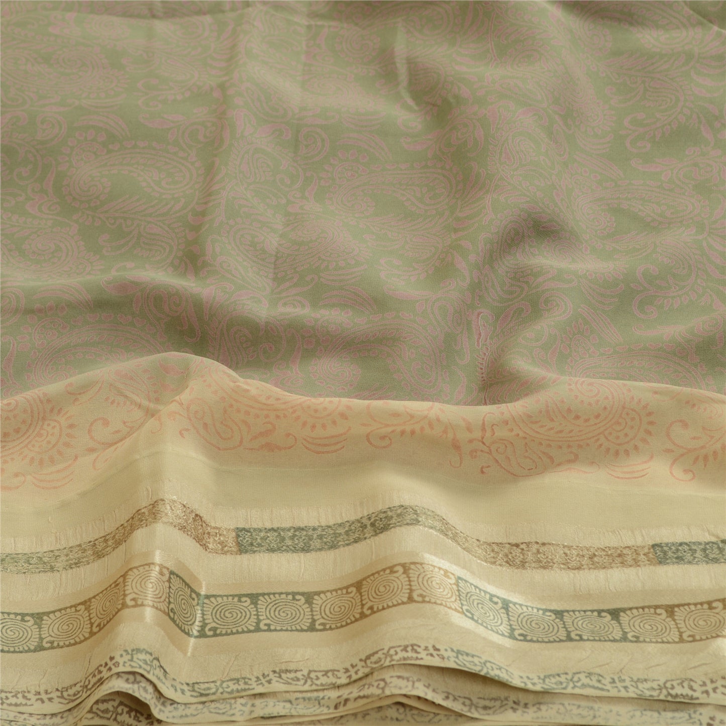Sanskriti Vintage Sari 100% Pure Georgette Ivory/Grey Printed 5 Yd Saree Craft Fabric Home Decor, Women Floral Outfit, Silk Scrap