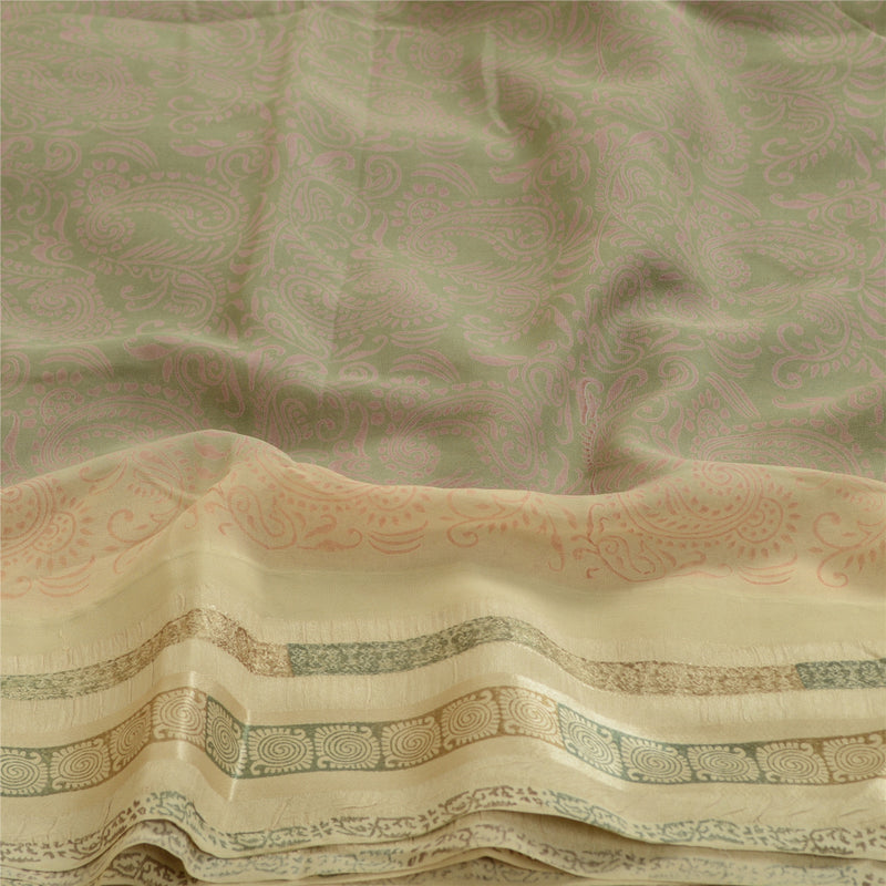 Sanskriti Vintage Sari 100% Pure Georgette Ivory/Grey Printed 5 Yd Saree Craft Fabric Home Decor, Women Floral Outfit, Silk Scrap