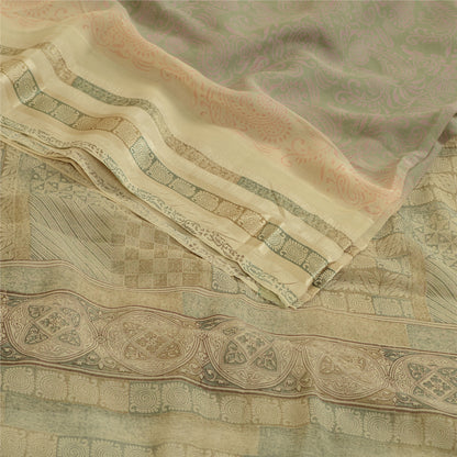 Sanskriti Vintage Sari 100% Pure Georgette Ivory/Grey Printed 5 Yd Saree Craft Fabric Home Decor, Women Floral Outfit, Silk Scrap