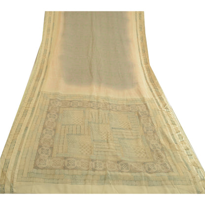 Sanskriti Vintage Sari 100% Pure Georgette Ivory/Grey Printed 5 Yd Saree Craft Fabric Home Decor, Women Floral Outfit, Silk Scrap