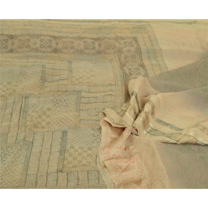 Sanskriti Vintage Sari 100% Pure Georgette Ivory/Grey Printed 5 Yd Saree Craft Fabric Home Decor, Women Floral Outfit, Silk Scrap