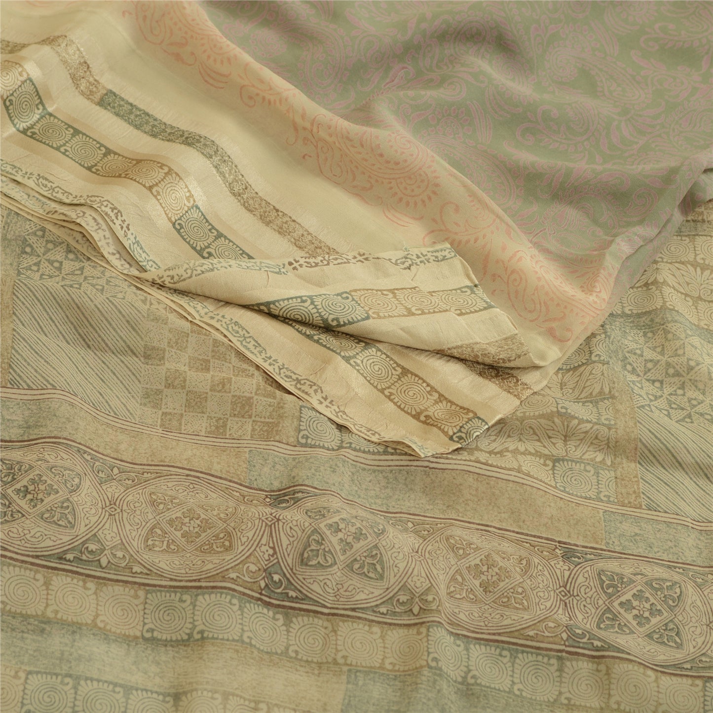 Sanskriti Vintage Sari 100% Pure Georgette Ivory/Grey Printed 5 Yd Saree Craft Fabric Home Decor, Women Floral Outfit, Silk Scrap