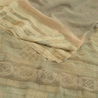 Sanskriti Vintage Sari 100% Pure Georgette Ivory/Grey Printed 5 Yd Saree Craft Fabric Home Decor, Women Floral Outfit, Silk Scrap