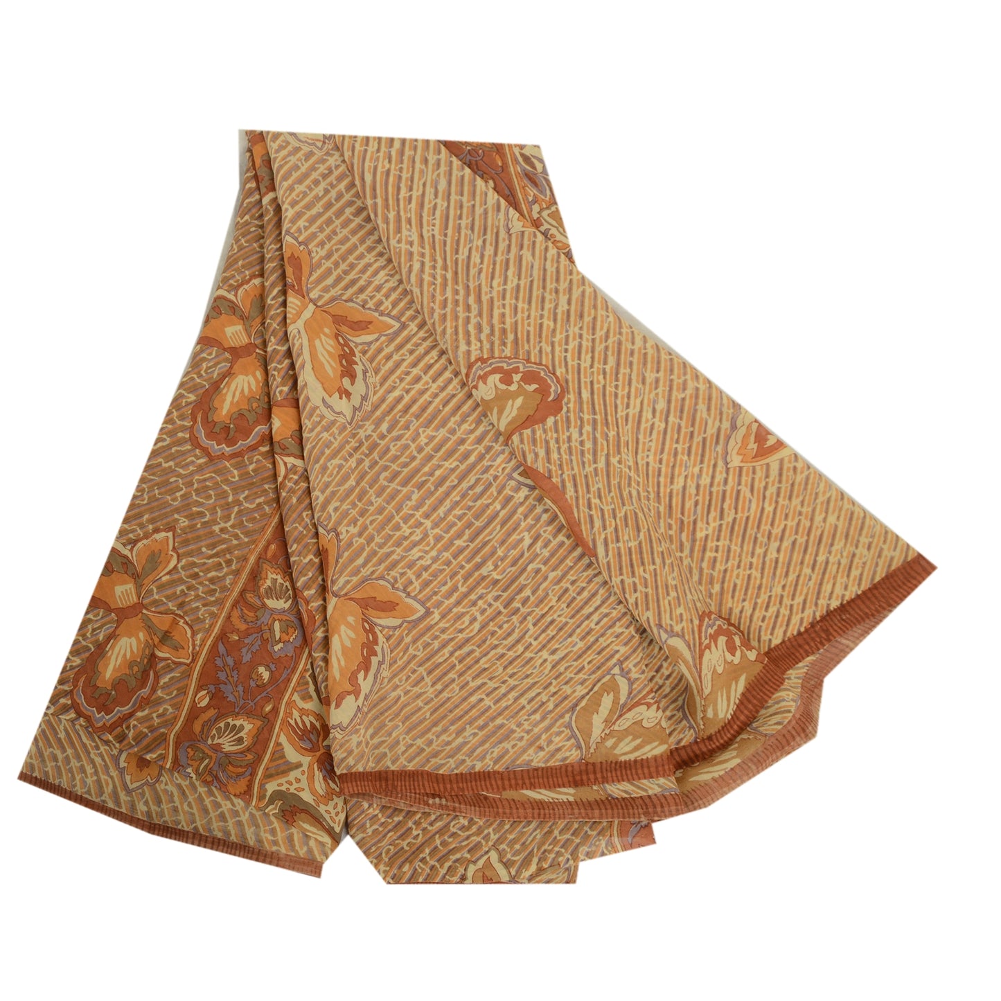 Sanskriti Vintage Ivory/Brown Sarees Pure Georgette Printed Sari Craft Sustainable Fabric
