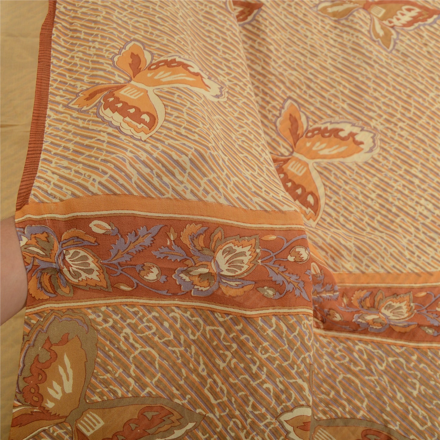 Sanskriti Vintage Ivory/Brown Sarees Pure Georgette Printed Sari Craft Sustainable Fabric