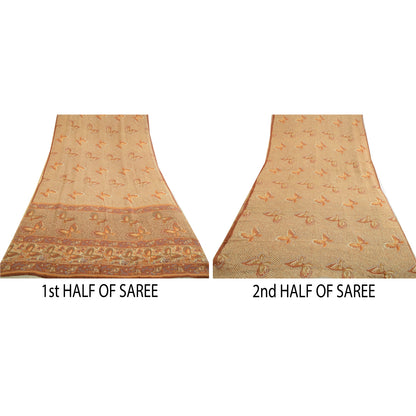 Sanskriti Vintage Ivory/Brown Sarees Pure Georgette Printed Sari Craft Sustainable Fabric