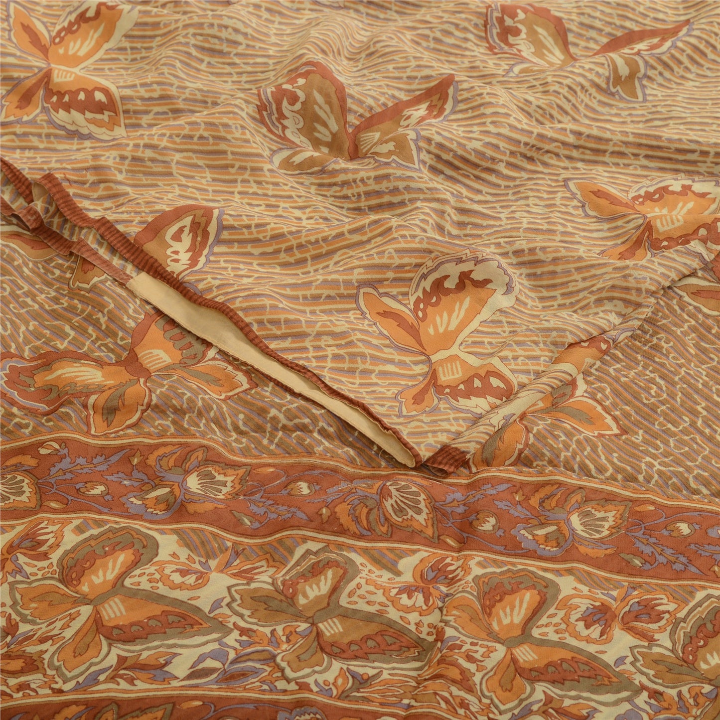 Sanskriti Vintage Ivory/Brown Sarees Pure Georgette Printed Sari Craft Sustainable Fabric