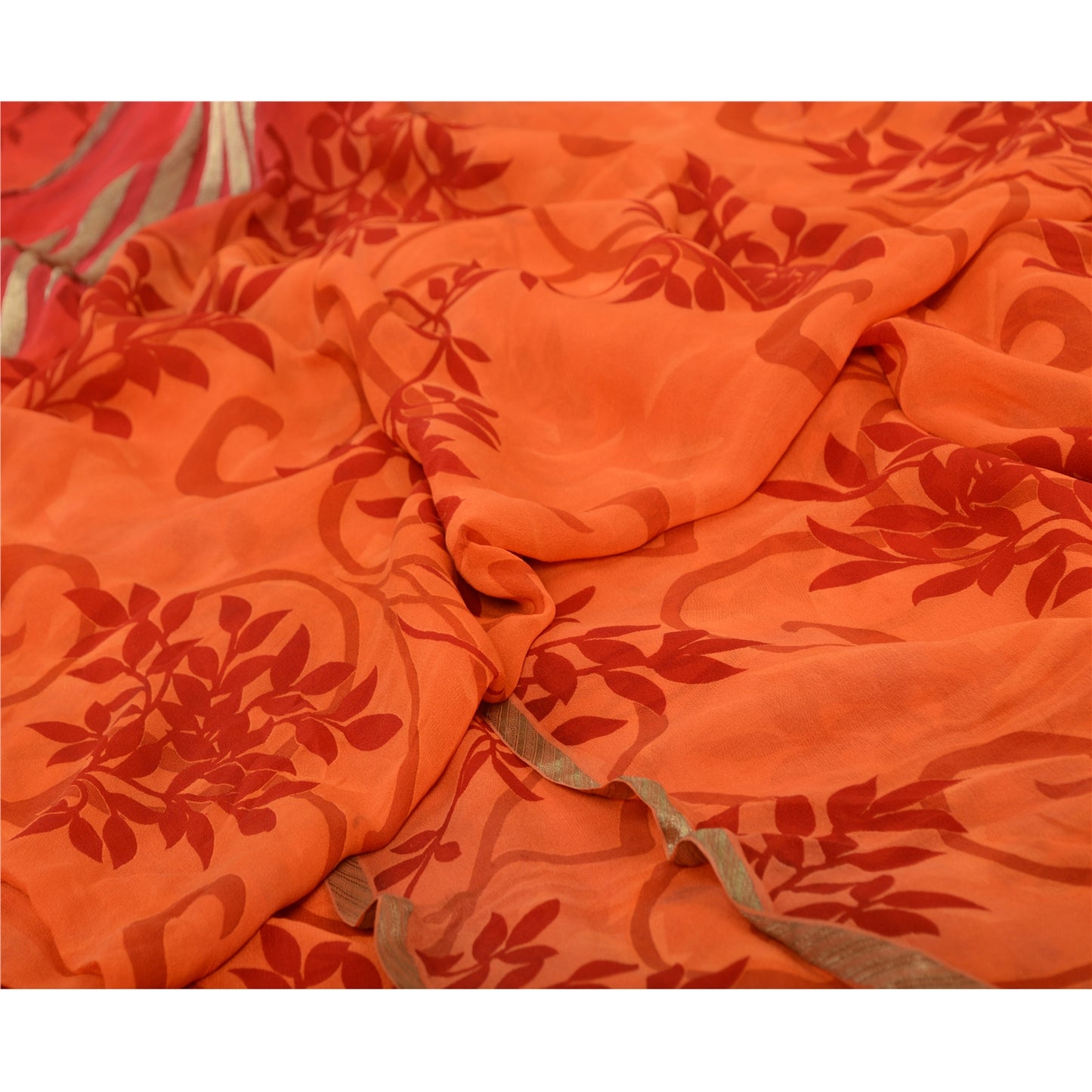 Sanskriti Vintage Orange/Red Sarees Pure Georgette Printed Sari Craft Sustainable Fabric