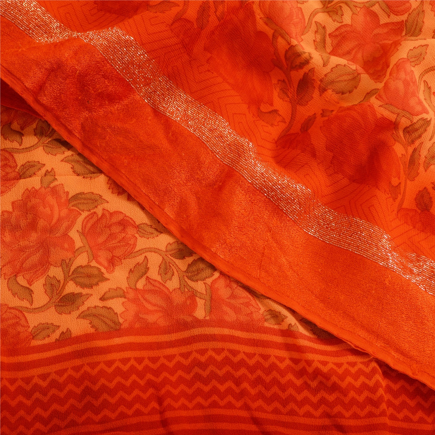 Sanskriti Vintage Sarees Peach/Red Blend Georgette Printed Sari 5yd Craft Sustainable Fabric