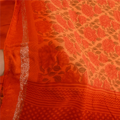 Sanskriti Vintage Sarees Peach/Red Blend Georgette Printed Sari 5yd Craft Sustainable Fabric