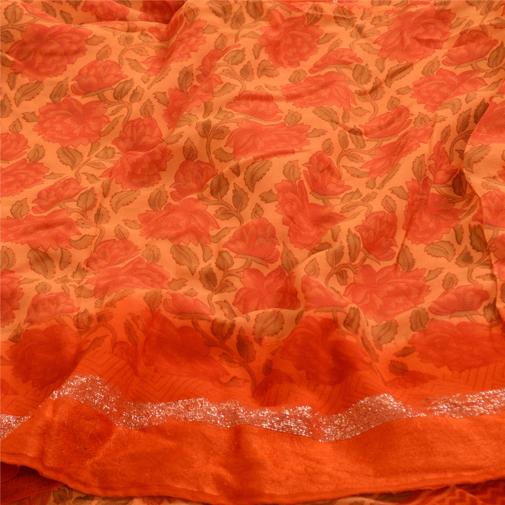 Sanskriti Vintage Sarees Peach/Red Blend Georgette Printed Sari 5yd Craft Sustainable Fabric