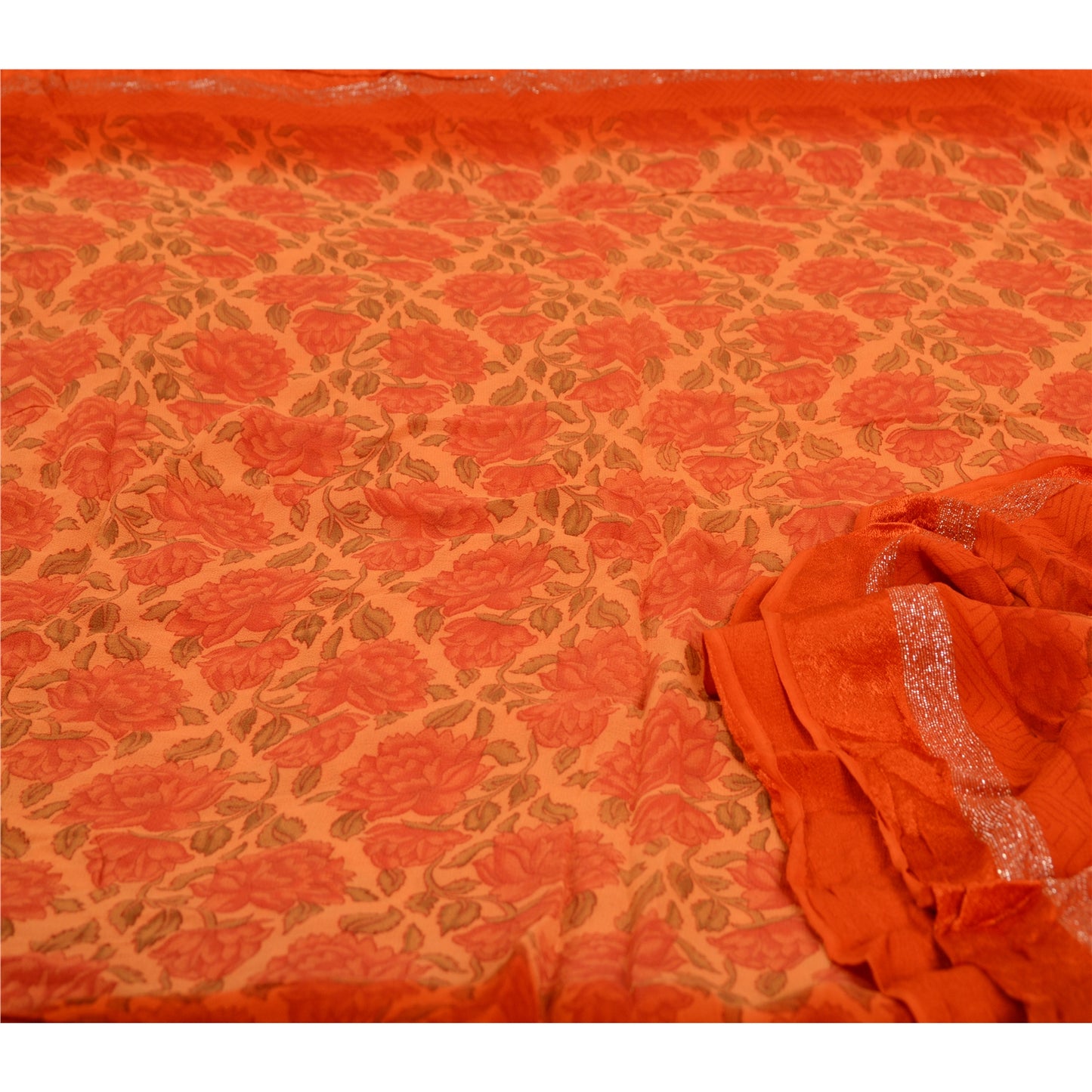 Sanskriti Vintage Sarees Peach/Red Blend Georgette Printed Sari 5yd Craft Sustainable Fabric