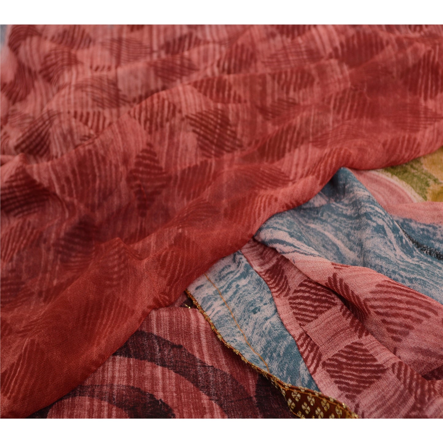 Sanskriti Vintage Sarees Dusty-Red Blend Georgette Printed Sari 5yd Craft Sustainable Fabric