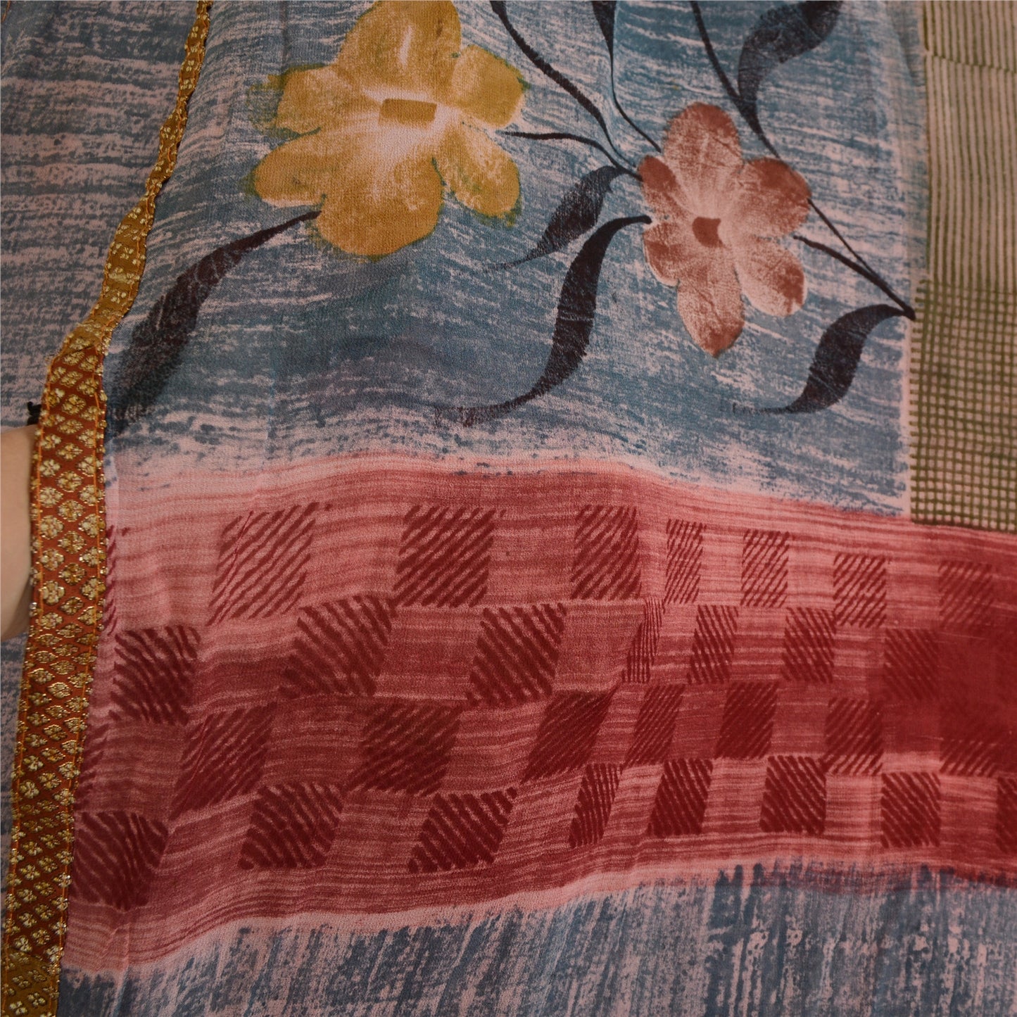 Sanskriti Vintage Sarees Dusty-Red Blend Georgette Printed Sari 5yd Craft Sustainable Fabric