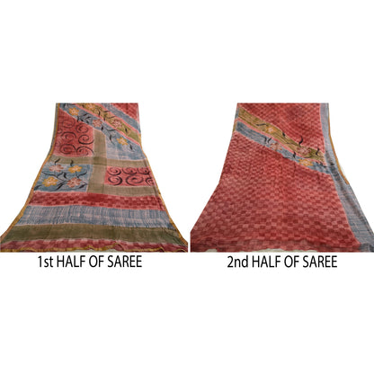 Sanskriti Vintage Sarees Dusty-Red Blend Georgette Printed Sari 5yd Craft Sustainable Fabric