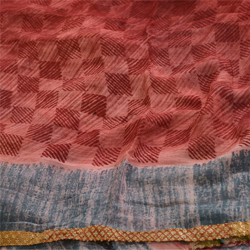 Sanskriti Vintage Sarees Dusty-Red Blend Georgette Printed Sari 5yd Craft Sustainable Fabric