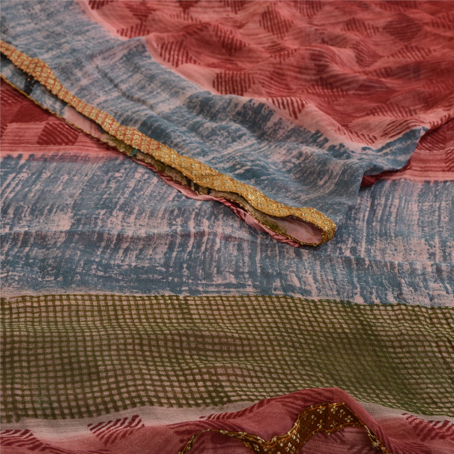 Sanskriti Vintage Sarees Dusty-Red Blend Georgette Printed Sari 5yd Craft Sustainable Fabric