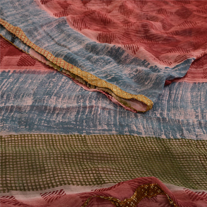 Sanskriti Vintage Sarees Dusty-Red Blend Georgette Printed Sari 5yd Craft Sustainable Fabric