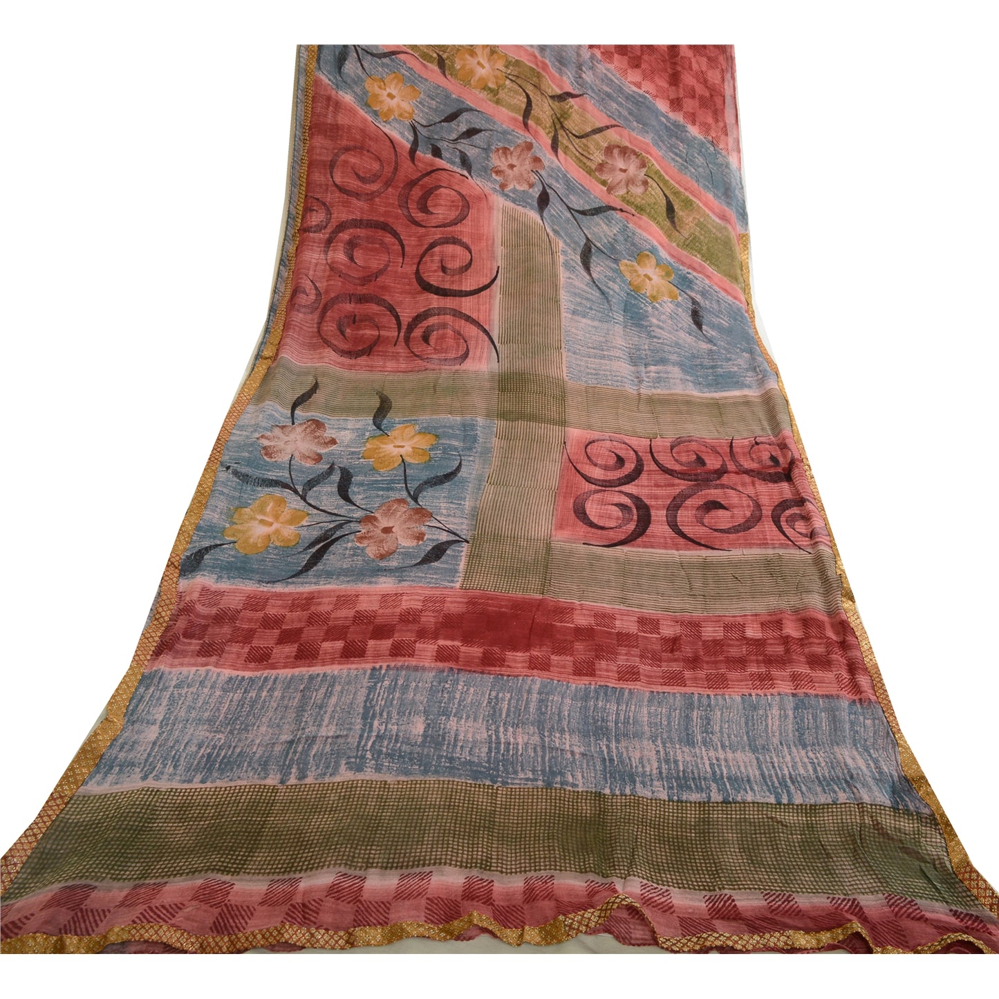 Sanskriti Vintage Sarees Dusty-Red Blend Georgette Printed Sari 5yd Craft Sustainable Fabric