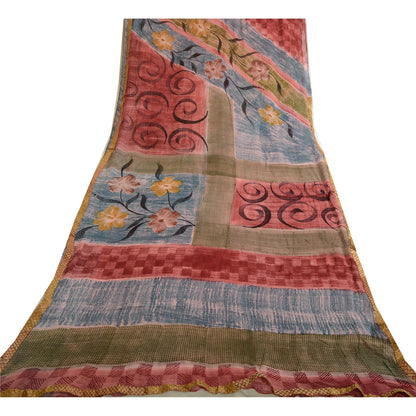 Sanskriti Vintage Sarees Dusty-Red Blend Georgette Printed Sari 5yd Craft Sustainable Fabric