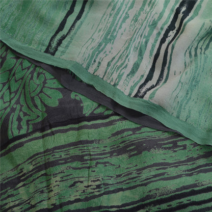 Sanskriti Vintage Sarees Black/Green Pure Georgette Silk Print Sari Craft Sustainable Fabric
