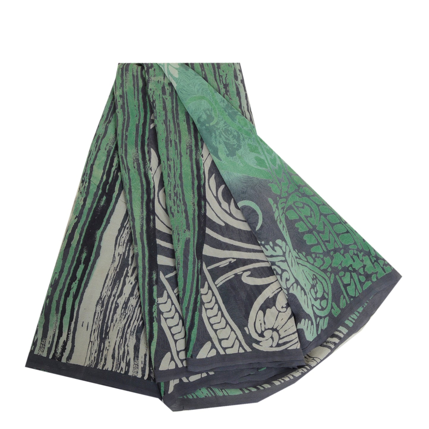 Sanskriti Vintage Sarees Black/Green Pure Georgette Silk Print Sari Craft Sustainable Fabric