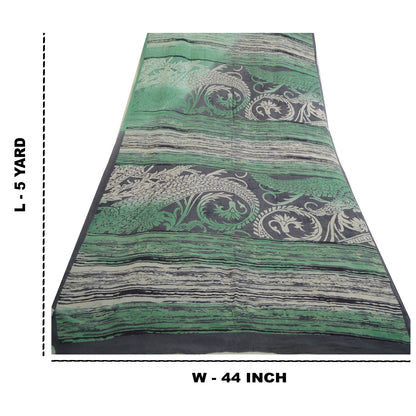 Sanskriti Vintage Sarees Black/Green Pure Georgette Silk Print Sari Craft Sustainable Fabric