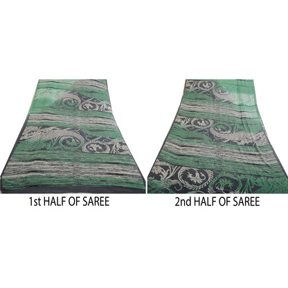 Sanskriti Vintage Sarees Black/Green Pure Georgette Silk Print Sari Craft Sustainable Fabric