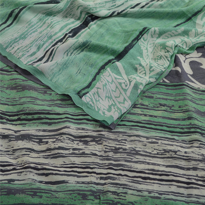 Sanskriti Vintage Sarees Black/Green Pure Georgette Silk Print Sari Craft Sustainable Fabric