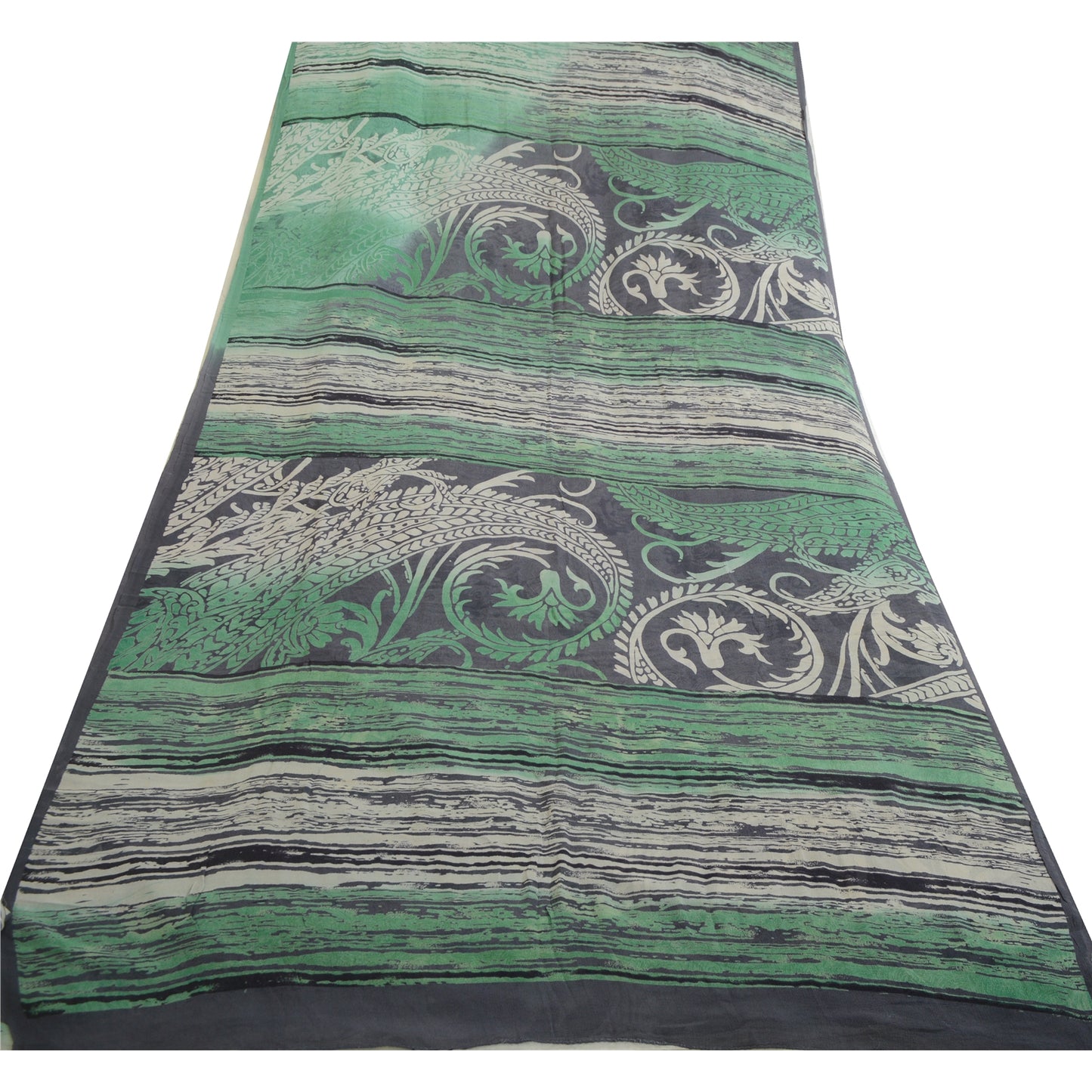 Sanskriti Vintage Sarees Black/Green Pure Georgette Silk Print Sari Craft Sustainable Fabric