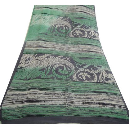 Sanskriti Vintage Sarees Black/Green Pure Georgette Silk Print Sari Craft Sustainable Fabric