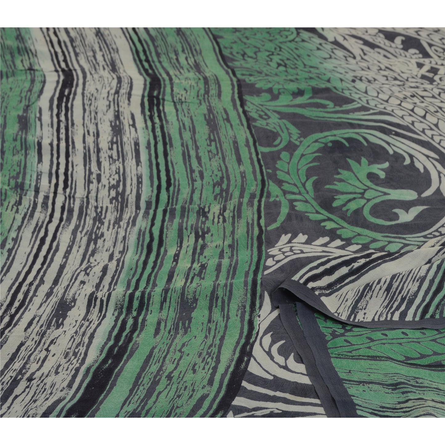 Sanskriti Vintage Sarees Black/Green Pure Georgette Silk Print Sari Craft Sustainable Fabric