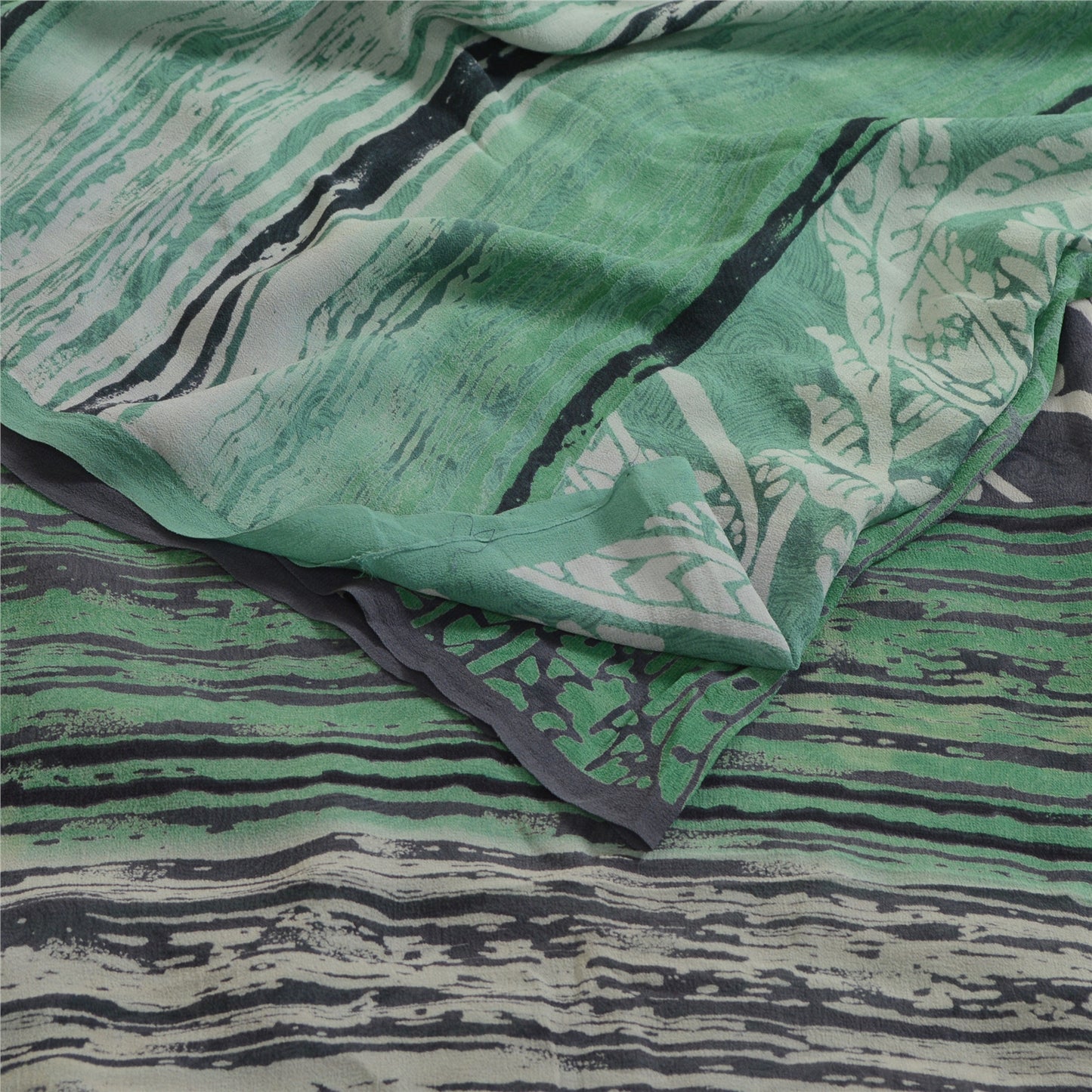 Sanskriti Vintage Sarees Black/Green Pure Georgette Silk Print Sari Craft Sustainable Fabric