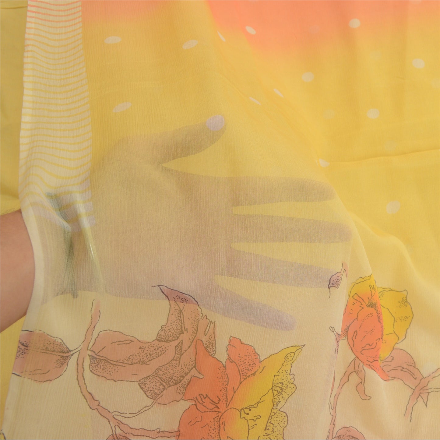 Sanskriti Vintage Sarees Gul/Ferskenfarvet Ren Georgette Silke Trykt Sari Bæredygtigt Stof