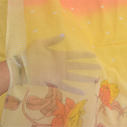 Sanskriti Vintage Sarees Gul/Ferskenfarvet Ren Georgette Silke Trykt Sari Bæredygtigt Stof