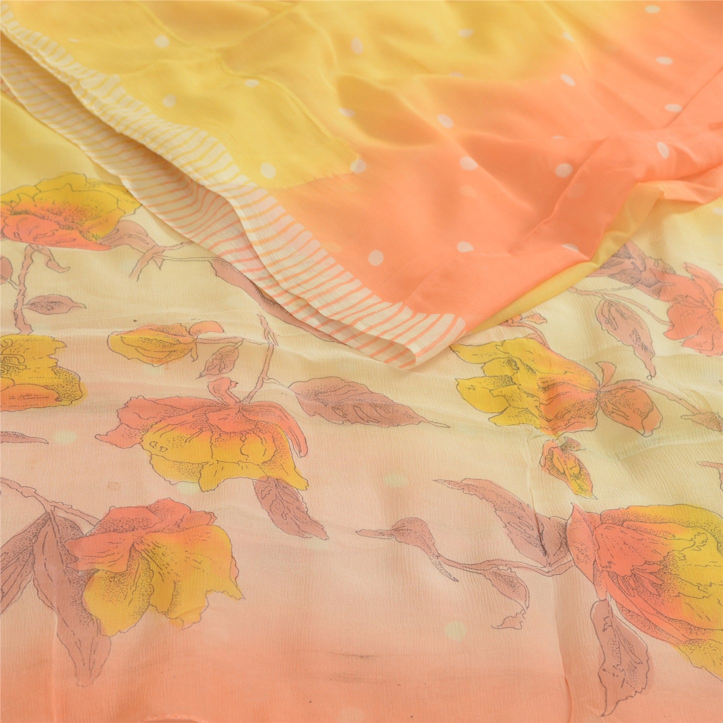 Sanskriti Vintage Sarees Gul/Ferskenfarvet Ren Georgette Silke Trykt Sari Bæredygtigt Stof