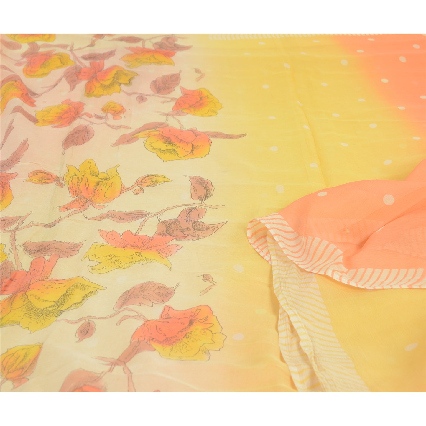 Sanskriti Vintage Sarees Gul/Ferskenfarvet Ren Georgette Silke Trykt Sari Bæredygtigt Stof