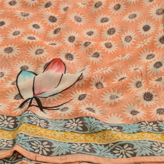 Sanskriti Vintage Sarees Indian Peach Blend Georgette Printed Sari Craft Sustainable Fabric
