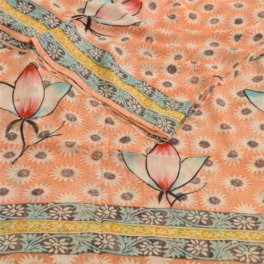 Sanskriti Vintage Sarees Indian Peach Blend Georgette Printed Sari Craft Sustainable Fabric