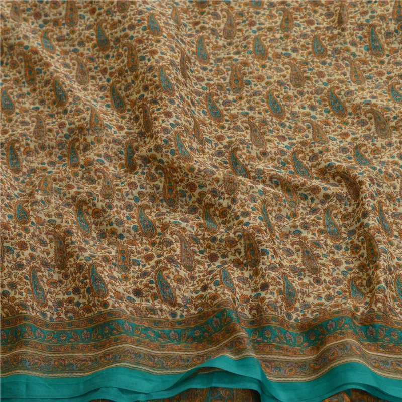 Sanskriti Vintage Sarees From India Cream Chiffon Printed Sari Soft Craft Sustainable Fabric