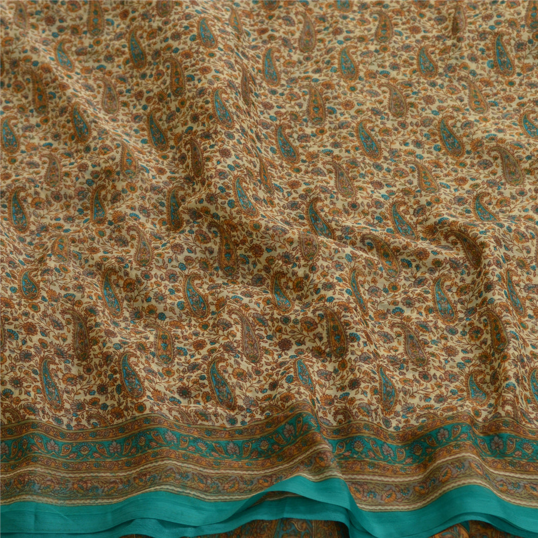 Sanskriti Vintage Sarees From India Cream Chiffon Printed Sari Soft Craft Fabric