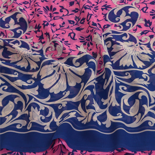Sanskriti Vintage Sarees Pink & Blue Georgette Printed Sari Soft Craft Sustainable Fabric