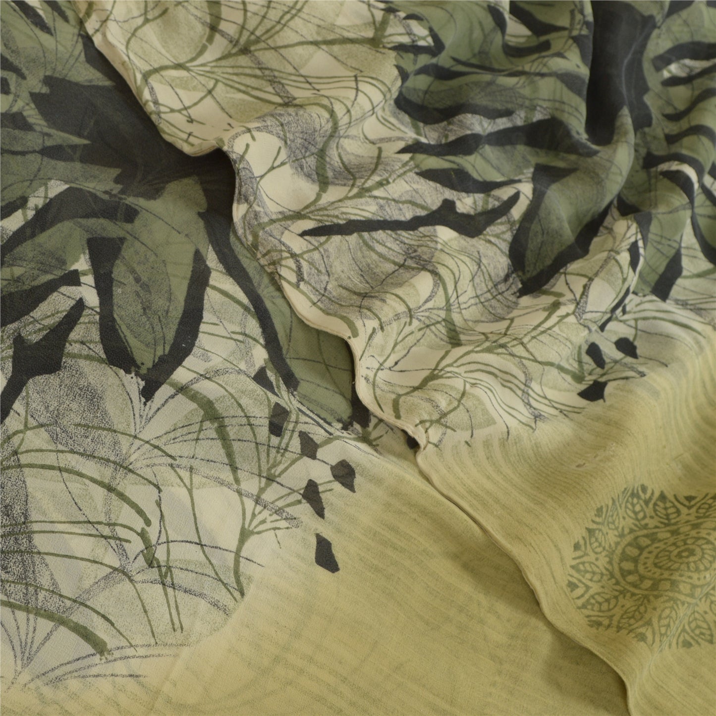 Sanskriti Vintage Sarees Pastel Lime-Green Pure Georgette Printed Sari Sustainable Fabric